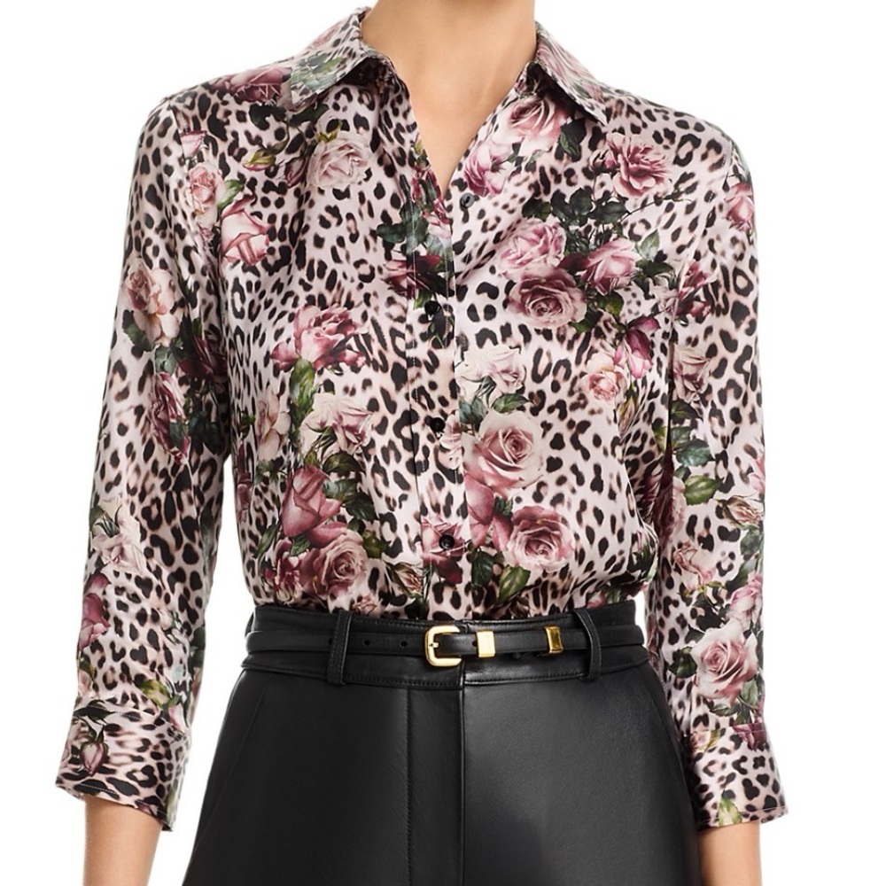 L'AGENCE Pink Floral Leopard Print Blouse